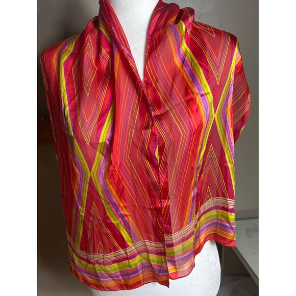 Oscar de la Renta Silk Scarf 52"x11" Red Colorful Sheer Womens Scarves - Picture 4 of 8